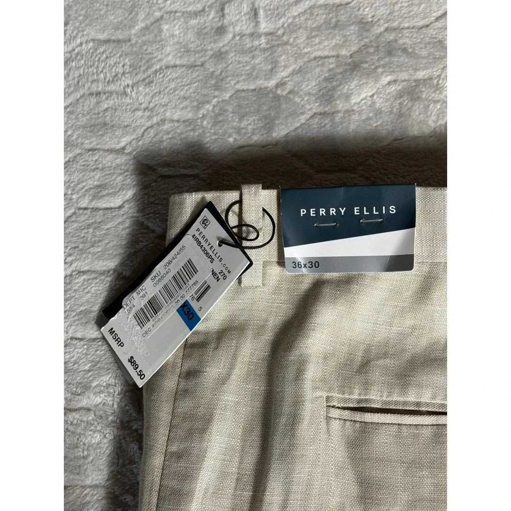 Perry Ellis Mens Linen Blend Dress Pants 36x30 Oatmeal Beige Lightweight NWT